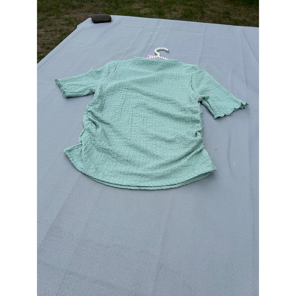A New Day Women Textured Mock Neck Top Medium Light Green Ruched Lettuce Edge NW